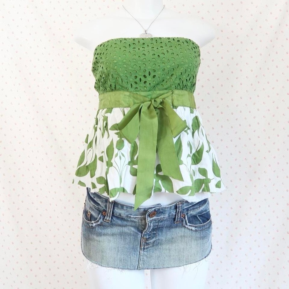 wet seal green strapless tube top eyelet babydoll empire waist medium y2k